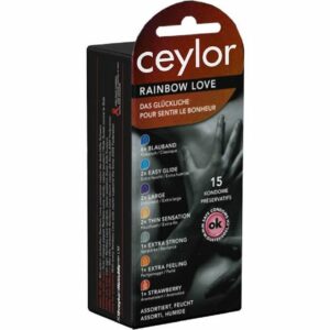 Ceylor Kondome "Rainbow Love (Kondomsortiment)" Packung mit, 15 St., im hygienischen "Dösli", einfach zu öffnen, schnelleres Überziehen